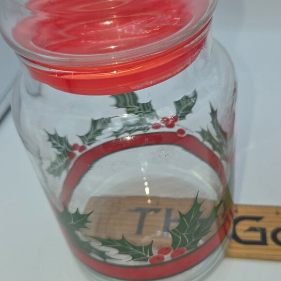 Set Of 2 Clear Glass Holiday Canisters With Red Holly Berry Design & Lids 7" Tal - Picture 3 of 3